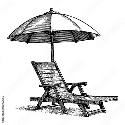 Relaxing Beach Chair Under Umbrella Black and White Outline Line Art Drawing Leisure Object