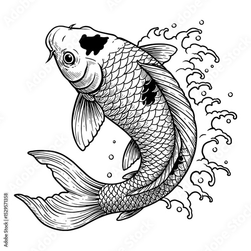 Koi Fish Top View Swimming Detailed Black and White Outline Line Art Drawing Ink Engraving Style