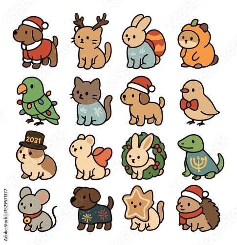 Holiday-themed costumes isometric set. dog in Santa suit, cat in reindeer antlers, bunny with Easter egg backpack, hamster in pumpkin hoodie, parrot with