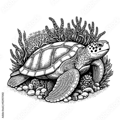 Sea Turtle with Coral Reefs and Seaweeds Underwater Environment Black and White Outline Line Art Drawing