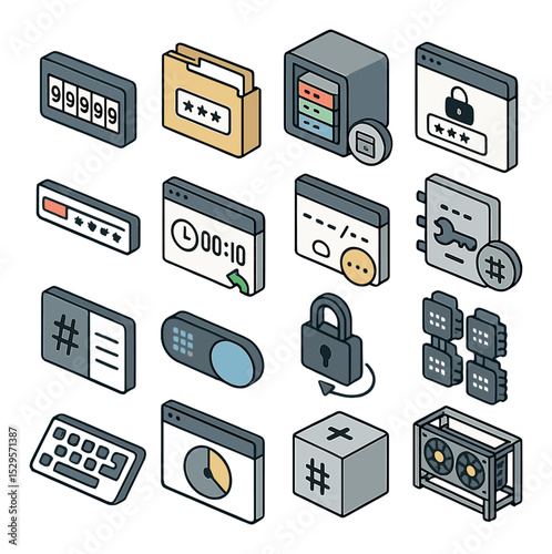Password attack tools isometric set. brute force attempt counter, dictionary attack folder, rainbow table vault, hash cracking interface, password spray