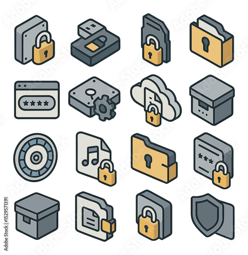 File and disk encryption isometric set. locked hard drive, encrypted USB stick, secure SD card, encrypted folder icon, full disk encryption interface.