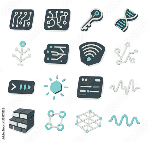 Cybernetic code elements isometric set. circuit pattern background, neural data grid, cyberkey glyphs, tech DNA strand, glowing node tree, electric command