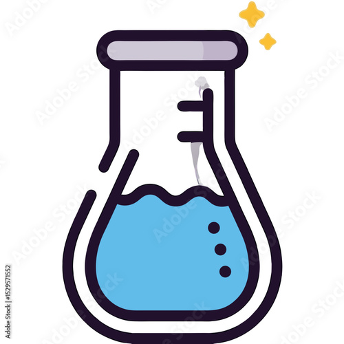 Cartoonish Laboratory Flask with Blue Liquid and Sparkling Accents
