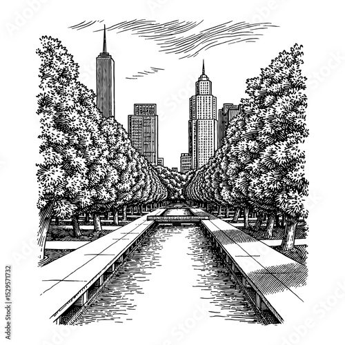 A Canal in a Central Park Surrounded by Skyscrapers Urban Black and White Outline Line Art Drawing