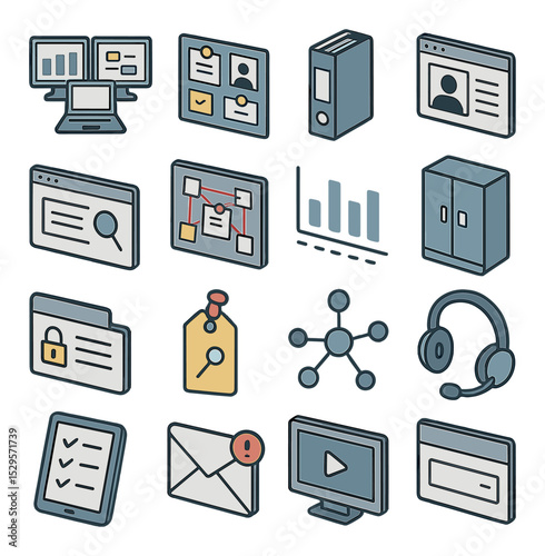 Case investigation dashboard isometric set. multi-screen setup, lead tracking board, case file binder, suspect profile tab, keyword search interface.