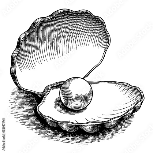 A Pearl Nestled Inside Open Seashell Black and White Outline Line Art Drawing Vintage Engraving Style Isolated Object