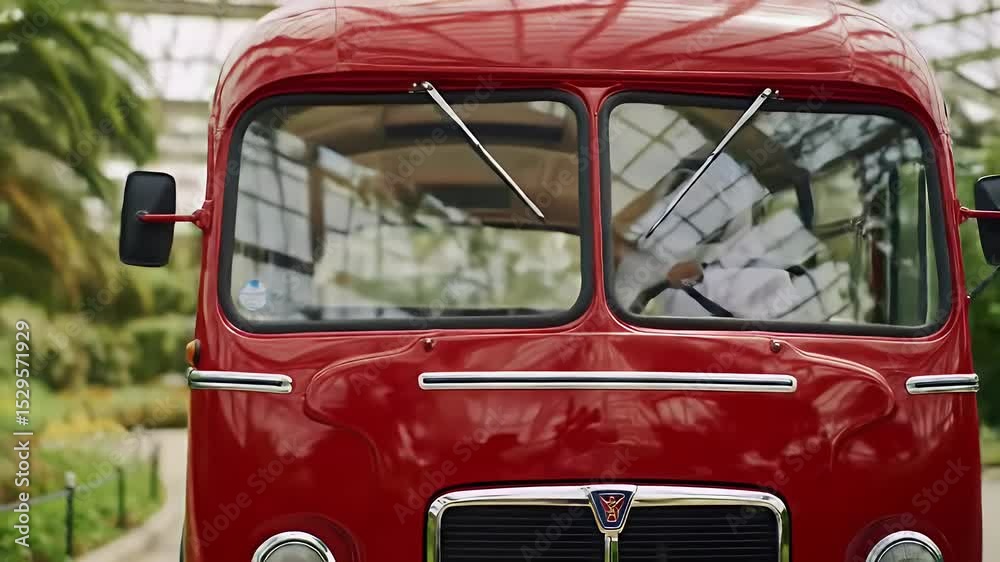 Vintage Red Bus in a Botanical Garden
