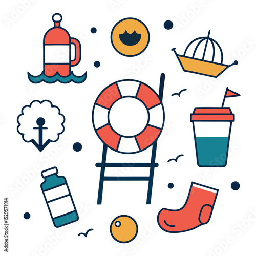 cruise set of vector doodle icon on transparent background