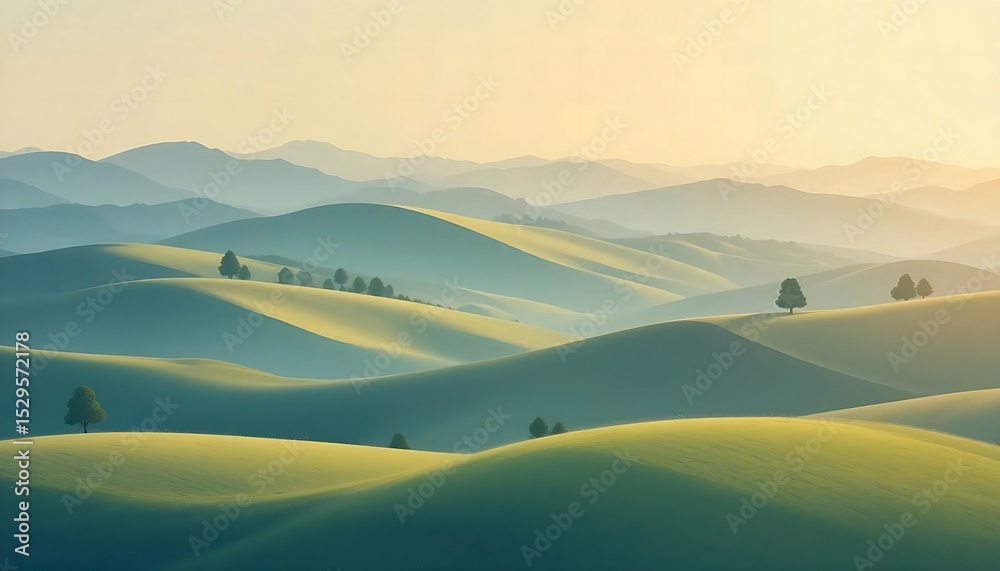 Fototapeta premium An artistic illustration of rolling green hills and a gentle valley under a bright, clear sky with subtle clouds, conveying a peaceful and expansive rural landscape.