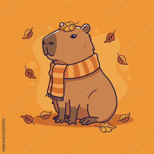 Cute Capybara in Autumn with Scarf and Leaves