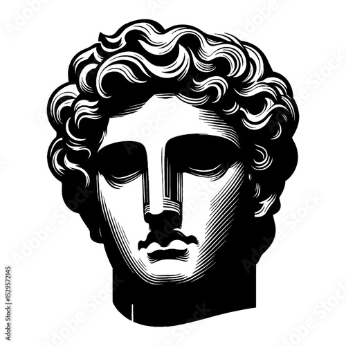 Ancient Greek Male Sculpture Statue Head Classic Engraved Black and White Outline Line Art Drawing