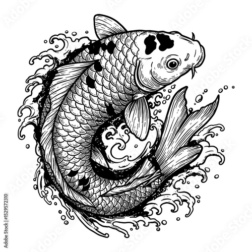 Traditional Style Detailed Koi Fish Swimming Top View Water Waves Black and White Outline Line Art Drawing