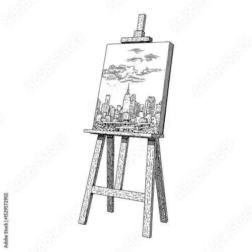 Easel Stand Holding City Lines Illustration on Canvas Detailed Black and White Outline Line Art Drawing