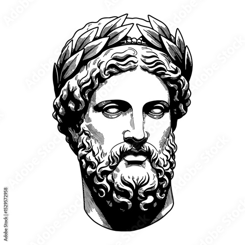 Bearded Greek Statue Head with Laurel Wreath Head Ornament Black and White Outline Line Art Drawing