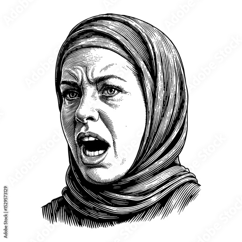 Hijabi Girl Wrathfully Angry Portrait Close Up Black and White Outline Line Art Drawing