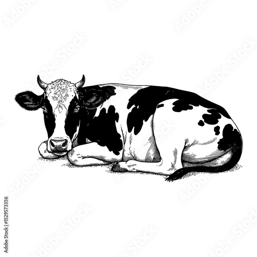 Sleeping Lying Dairy Cow with Black Spots Black and White Outline Line Art Drawing