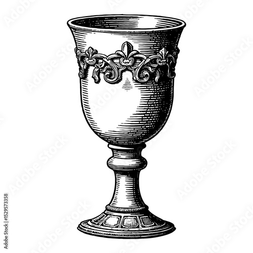 Royal Medieval Goblet with Ornate Detail Black and White Outline Line Art Drawing
