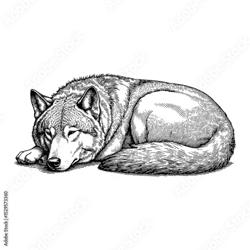 Sleeping Lying Wolf Engraving Illustration Isolated Object Vintage Black and White Outline Line Art Drawing