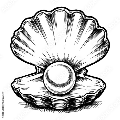 A Pearl Inside an Open Seashell Detailed Black and White Outline Line Art Drawing Ocean Treasure