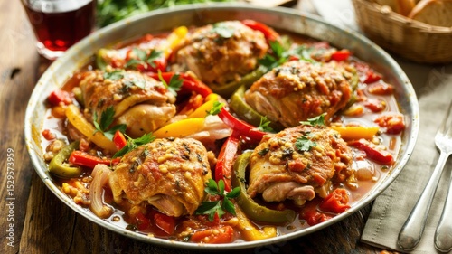 A traditional French dish called Poule basqueuse, in which tender chicken thighs are stewed over low heat in a thick tomato sauce. The dish is decorated with fresh parsley.