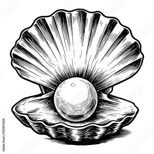 A luminous pearl resting inside an open seashell detailed Black and White Outline Line Art Drawing