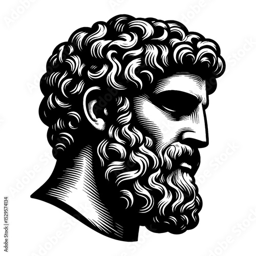 Bearded Greek Statue Head Side Profile Black and White Outline Line Art Drawing Ancient Mythology Figure