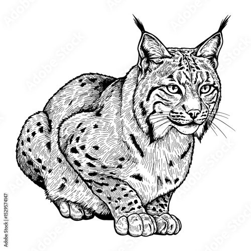 Black and White Outline Line Art Drawing of a Bobcat Fullbody Sitting Wild Feline Animal