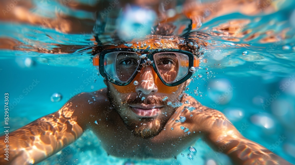 Naklejka premium A swimmer exploring the depths of a clear ocean, wearing diving gear and surrounded by bubbles, creating a stunning scene capturing the beauty of underwater adventure.