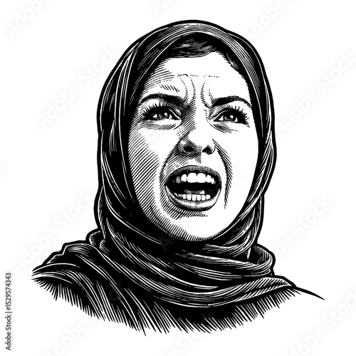 Wrathfully Angry Hijabi Girl Portrait Screaming Looking Up Black and White Outline Line Art Drawing