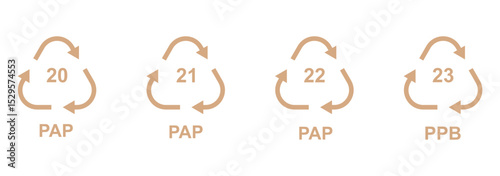 Paper recycling code icon set. recycling codes 20, 21, 22, 23. pap recycling symbols. plastic, recycle, symbol, code, icon. Paper. Paper recycling codes vector isolated on white background.