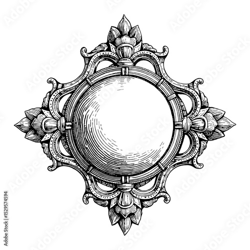 Vintage Royal Brooch with Jade Style Ornate Black and White Outline Line Art Drawing Isolated Object