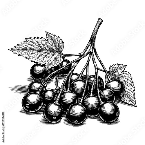 A Bunch of Cranberries with Leaves and Stem in Vintage Black and White Outline Line Art Drawing