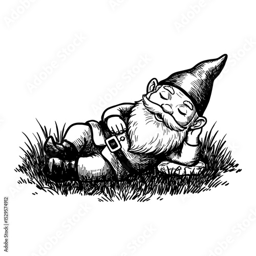 Cute Garden Gnome Sleeping Peacefully Reclining in Green Grass Black and White Outline Line Art Drawing