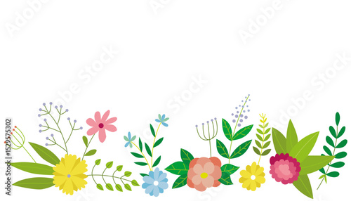 Set of spring colorful flower elements vector. Floral collection of boarder of wildflower, leaf branch, foliage on white background. Hand drawn blossom illustration for decor, easter, sticker, clipart