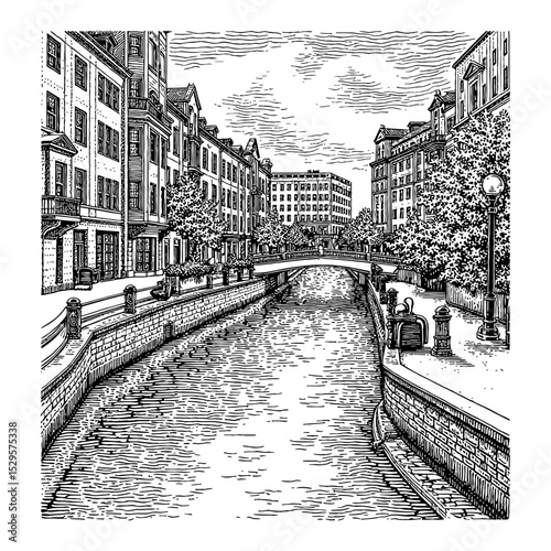 Historic Cityscape with Canal and Bridge Surrounded by Retro Buildings Black and White Outline Line Art Drawing