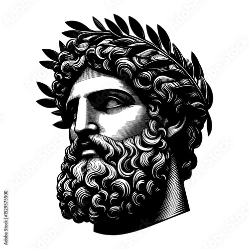 Bearded Greek Statue Head with Head Ornament Ancient Classical Mythology Black and White Outline Line Art Drawing