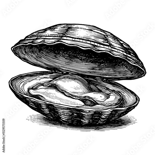 An Open Clam Shellfish Seafood Delicacy Black and White Outline Line Art Drawing Vintage Engraving