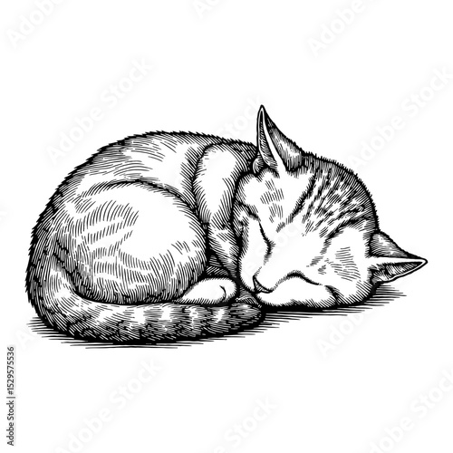 Cute Kitten Sleeping Curled Up Peacefully in Detailed Black and White Outline Line Art Drawing Style