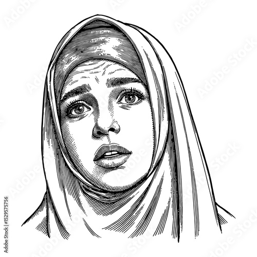 Crying Hijabi Girl Portrait with Sad and Distressed Expression Black and White Outline Line Art Drawing