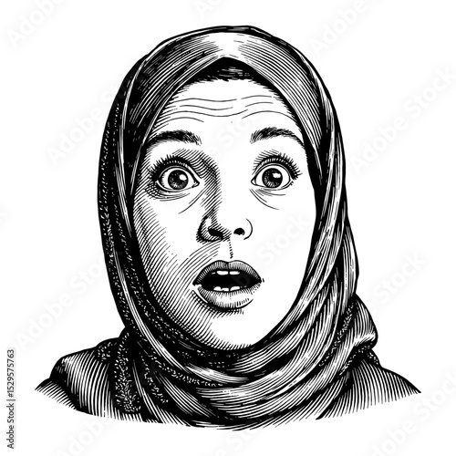 Black and White Outline Line Art Drawing of a Hijabi Girl with Very Shocked Expression Portrait