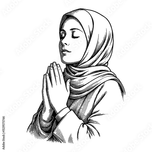 Hijabi Girl Praying with Closed Eyes Portrait Black and White Outline Line Art Drawing