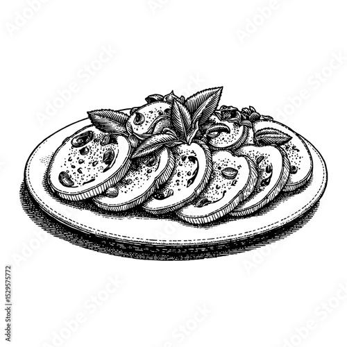 Delicious Classic Italian Caprese Salad Slices on Plate with Basil Black and White Outline Line Art Drawing