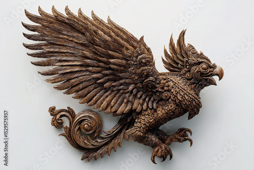 A photorealistic wooden sculpture of a Balinese Garuda with dynamic wing details