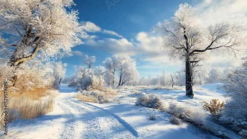 Snowy rural road surrounded by frosty trees illuminated by soft winter sunlight. Nature concept