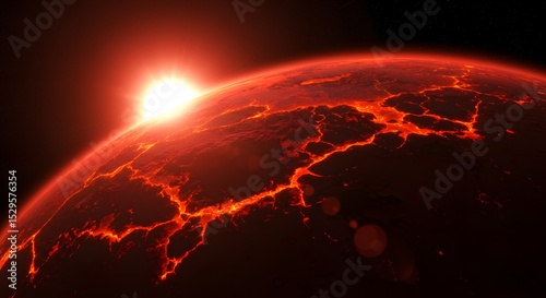 Planet with Fiery Edge and Bright Sun in Outer Space