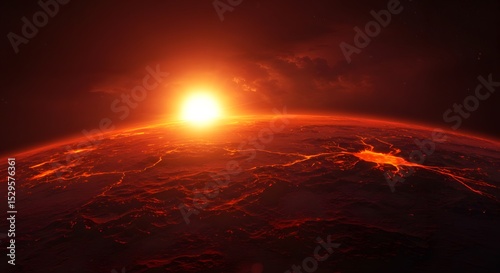 Fiery Planet in Outer Space with Exploding Lava Surface