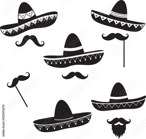 Mexican Sombrero Hat and Mustache Silhouette Vector Set. Fiesta Party Photo Booth Props, Cinco de Mayo Icons.