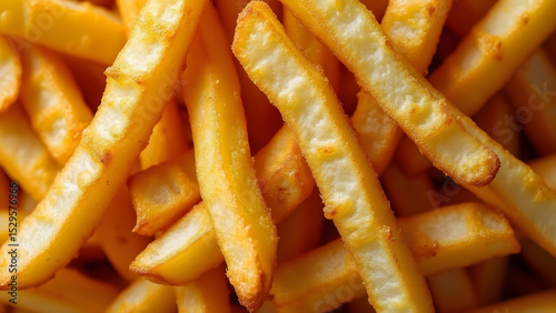 Crispy golden french fries close up top view photography showing texture and delicious fried potato sticks