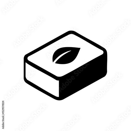 Black vector icon of a bar of biodegradable soap with a leaf symbol on top.

